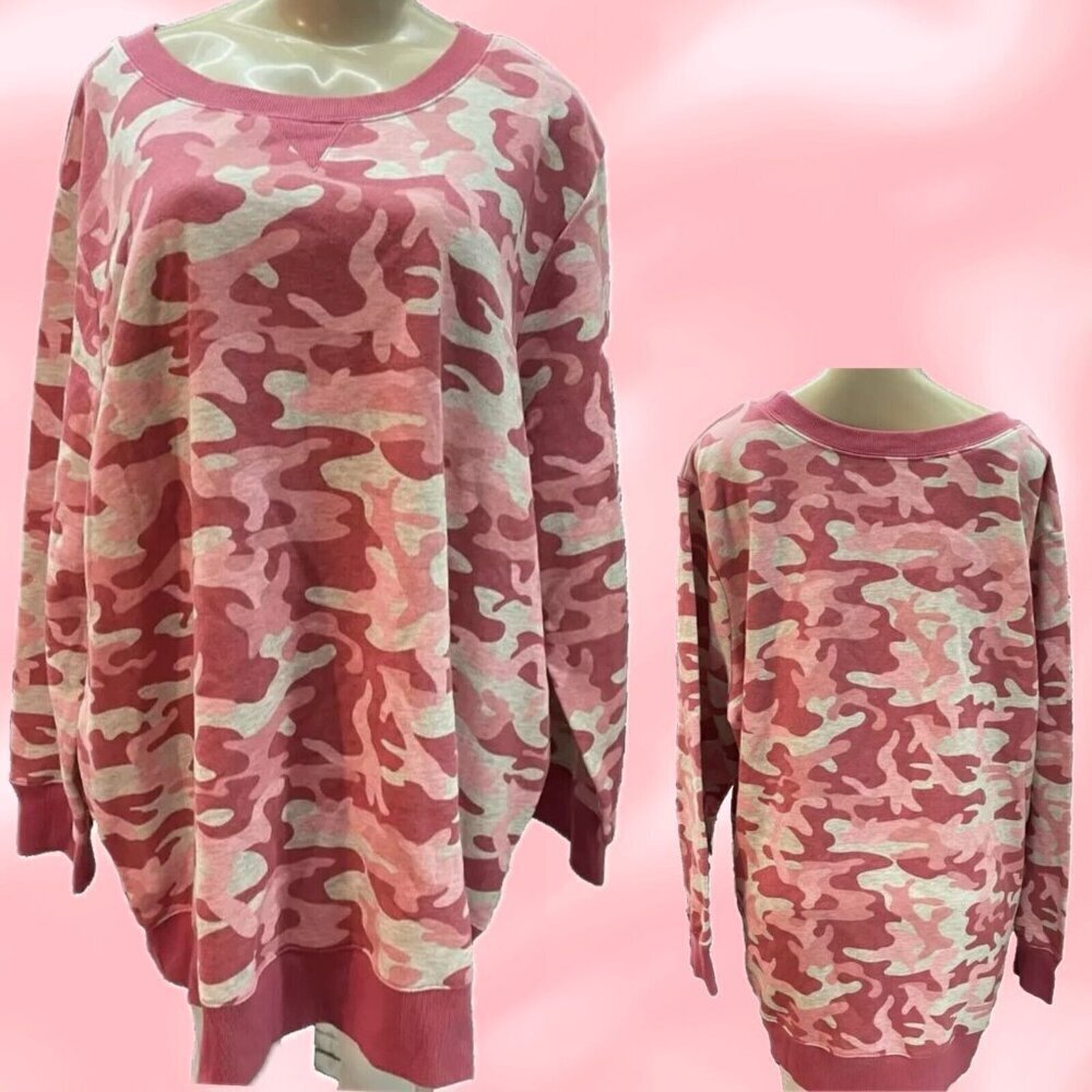 Woman Within +26/28 Pink Camouflage Fleece Ribbed Trim Long Sleeve Sweatshirt